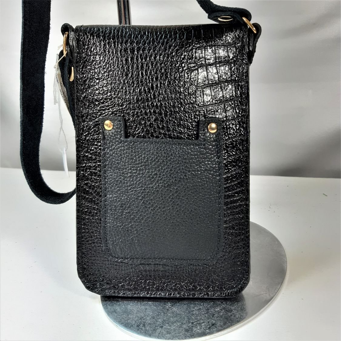 Smartphonehoesje van bedrukt rundleer, kleur zwart.